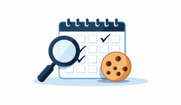 Illustration eines Kalenders mit markierten Daten und einer Lupe, die auf eine Cookie-Symbol zeigt