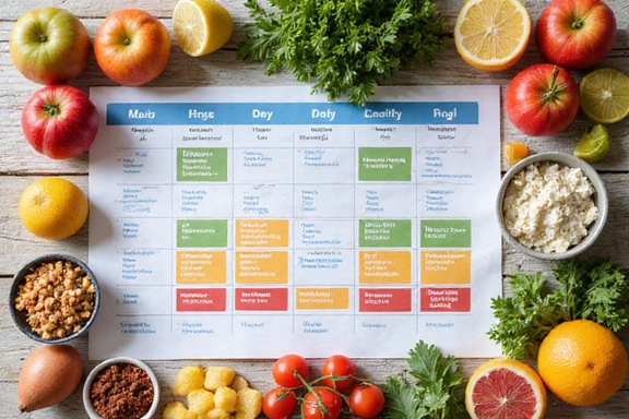 Ein bunter, ausgewogener Ernährungsplan mit verschiedenen Mahlzeiten und Zutaten, übersichtlich dargestellt auf einem Tisch.