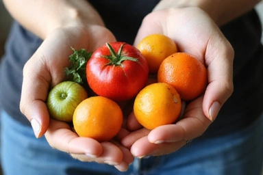Hände halten frisches Obst und Gemüse